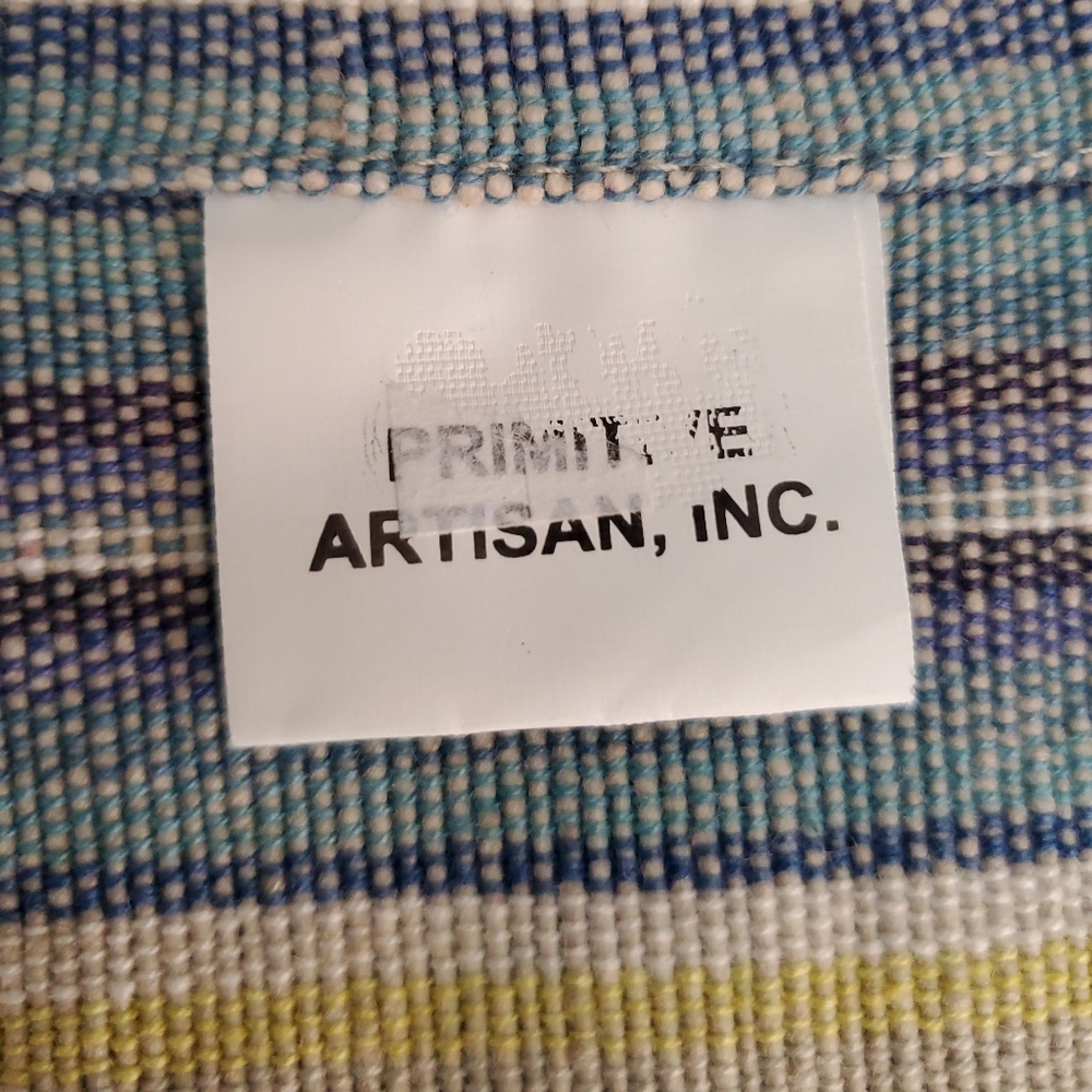 Primitive Artisan Hand Woven Table Runner Blue Tan Striped Fringe Farmhouse NWOT - Picture 3 of 6